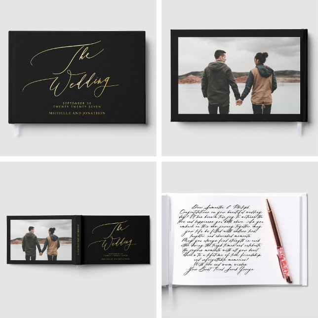 REAL GOLD | Black Modern Calligraphy Photo Wedding Foil Guest Book (Creator Uploaded)