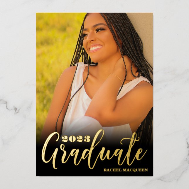 Real Gold Black Three Photo Graduation Party Foil Invitation (Front)