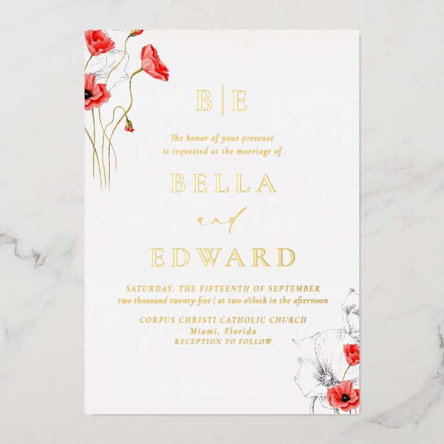 Real Gold Chic Poppy Red Wildflowers Wedding  Foil Invitation (Front)