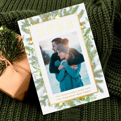 Real Gold Christmas Frame New Year 2024 Photo Foil Holiday Card