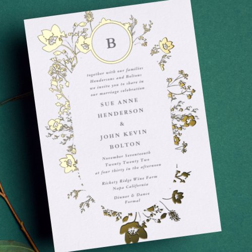 REAL Gold Circle Monogram Oval Dried Wildflower Foil Invitation