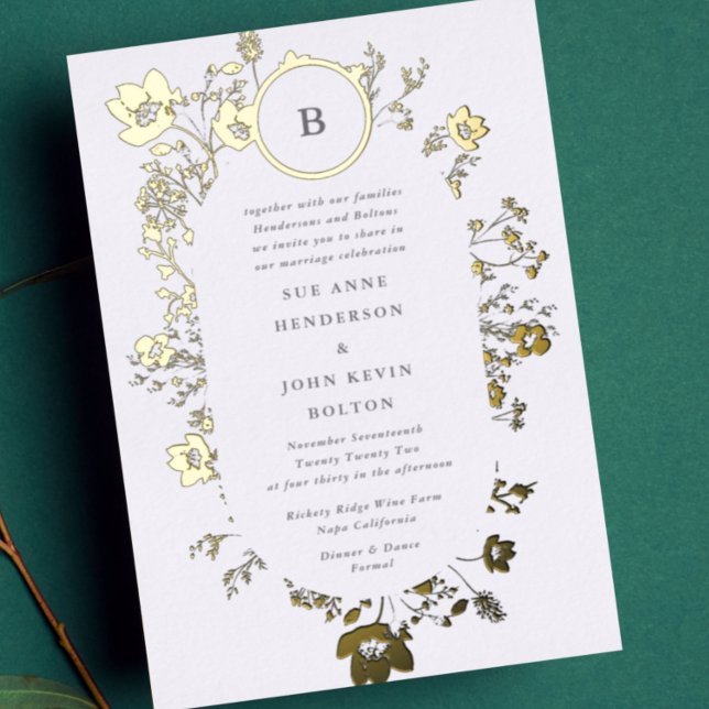 REAL Gold Circle Monogram Oval Dried Wildflower Foil Invitation (Creator Uploaded)
