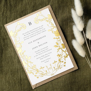 REAL Gold Circle Monogram Wreath Dried Wildflower Foil Invitation