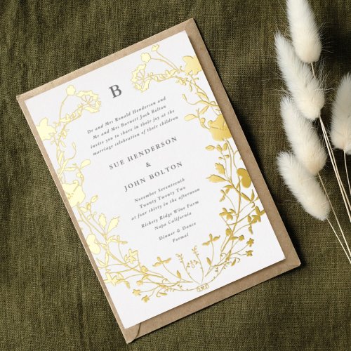 REAL Gold Circle Monogram Wreath Dried Wildflower Foil Invitation