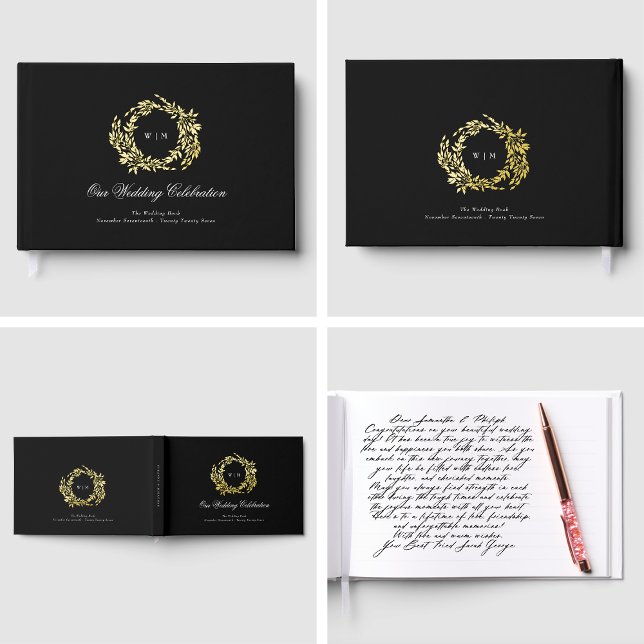 Real Gold Classic Elegant Wreath Wedding Foil Guest Book (Creator Uploaded)