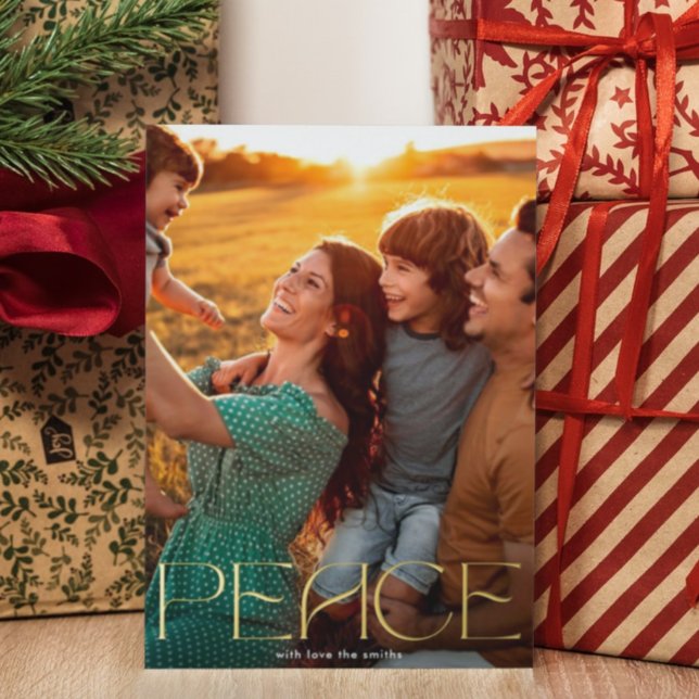 Real Gold Custom Text Peace Christmas Photo Foil Holiday Card (Creator Uploaded)