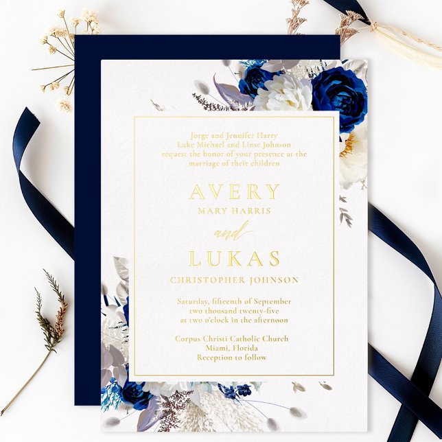 Real Gold Elegant Blue Flowers Wedding Foil  Invitation (Creator Uploaded)