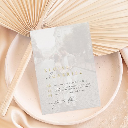 Real Gold Elegant Boho Minimalist 2 Photo Wedding Foil Invitation