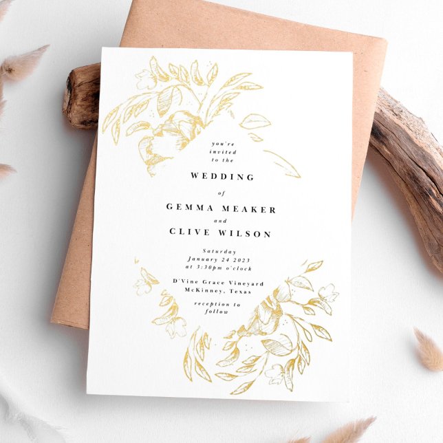 Real Gold Elegant Botanical Wedding Invitation Foil Invitation (Creator Uploaded)