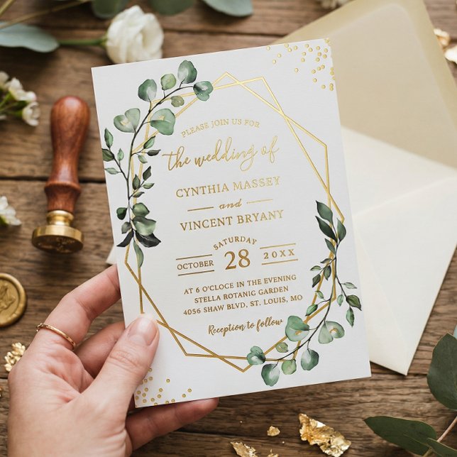 Real Gold Eucalyptus Leaves Geometric Wedding Foil Invitation (Creator Uploaded)