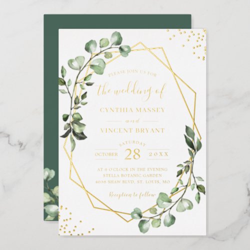Real Gold Eucalyptus Leaves Geometric Wedding Foil Invitation