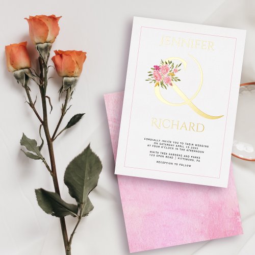 Real gold foil ampersand and pink roses wedding fo foil invitation