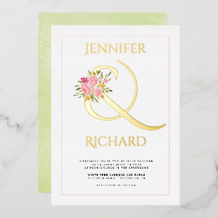Real gold foil ampersand pink roses green wedding invitation