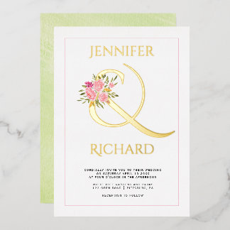 Real gold foil ampersand pink roses green wedding invitation