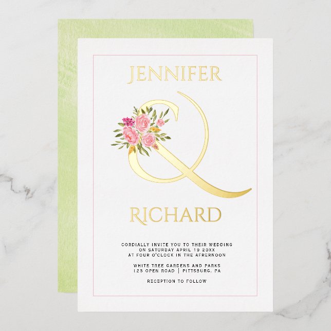 Real gold foil ampersand pink roses green wedding invitation (Front/Back)