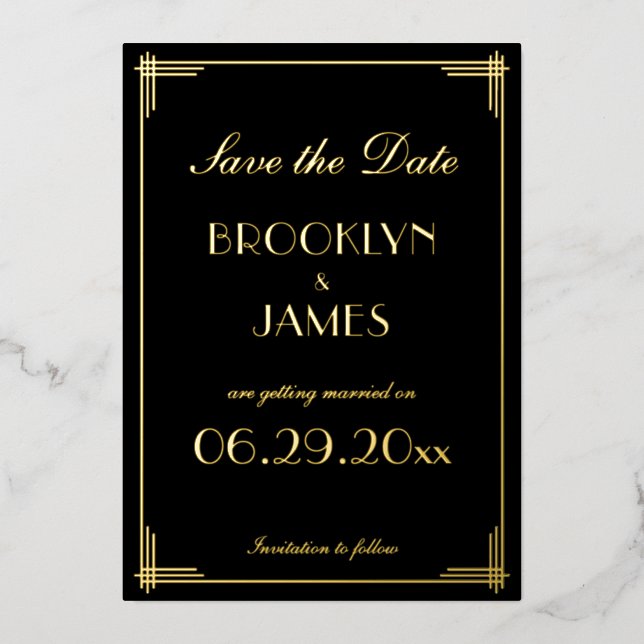Real Gold Foil Art Deco Save The Date Cards (Front)