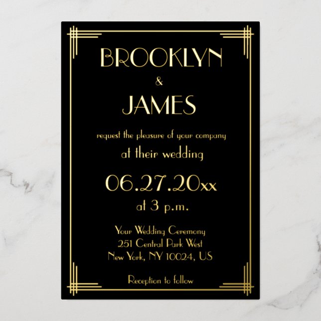 Real Gold Foil Art Deco Wedding Invitations (Front)