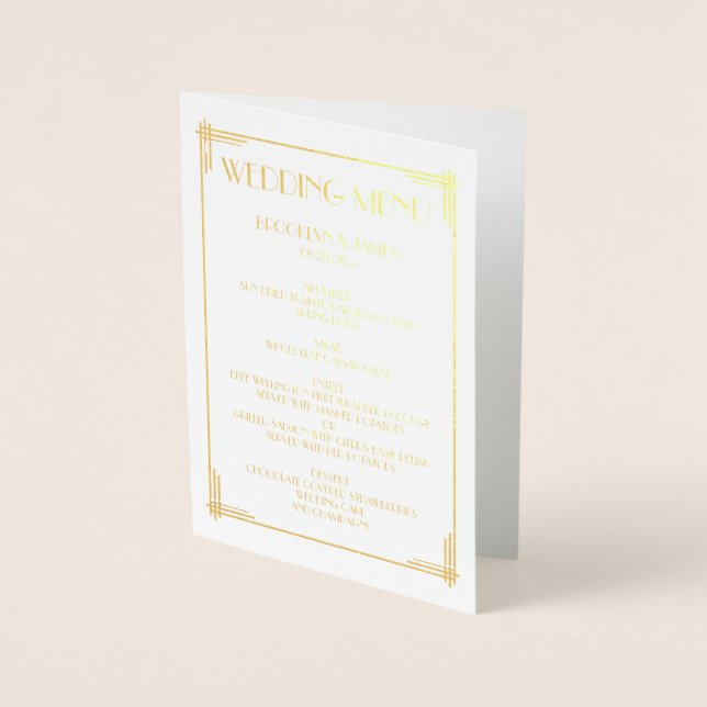 Real Gold Foil Art Deco Wedding Menu Cards (Front)