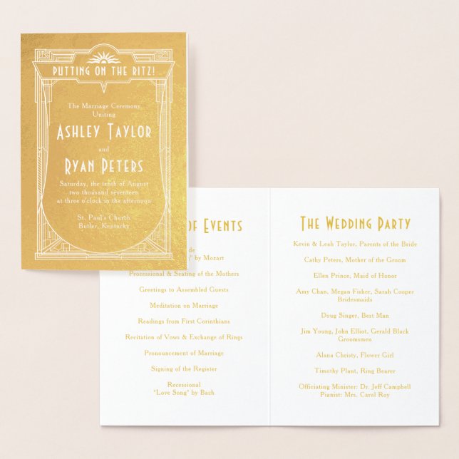 Real Gold Foil Art Deco Wedding Program (Display)