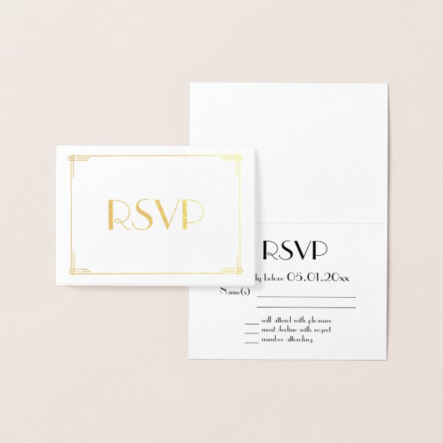 Real Gold Foil Art Deco Wedding RSVP Cards 3.5x5 (Display)