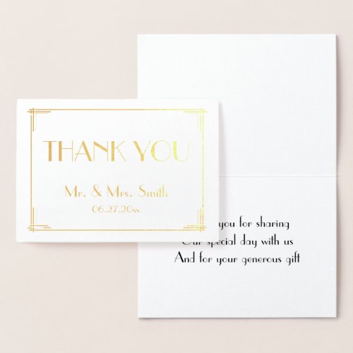 Real Gold Foil Art Deco Wedding Thank You Card