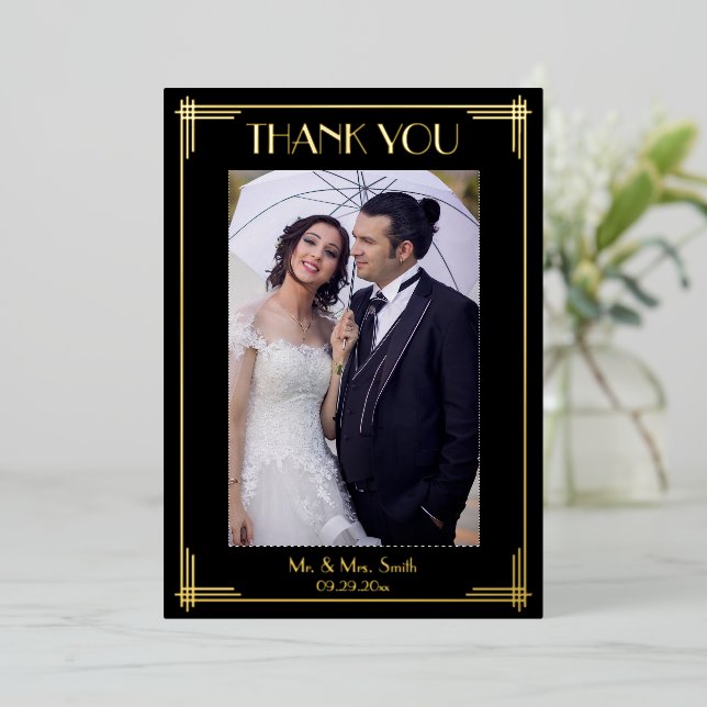 Real Gold Foil Art Deco Wedding Thank You Foil Invitation (Standing Front)