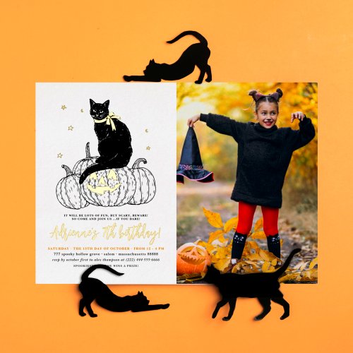 Real Gold Foil Black Cat Halloween Photo Birthday Foil Invitation