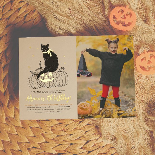 Real Gold Foil Black Cat Halloween Photo Birthday Invitation (Creator Uploaded)