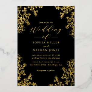 Real Gold Foil Black Floral Lace Script Wedding Invitation