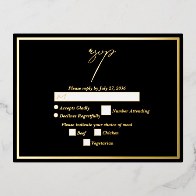 Real Gold Foil Black & Gold Wedding RSVP Foil Invitation Postcard (Front)