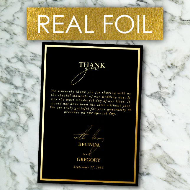 Real Gold Foil Black & Gold Wedding Thank You Card | Zazzle
