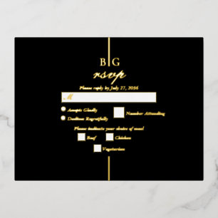 Real Gold Foil Black Monogram Wedding RSVP Invitation Postcard
