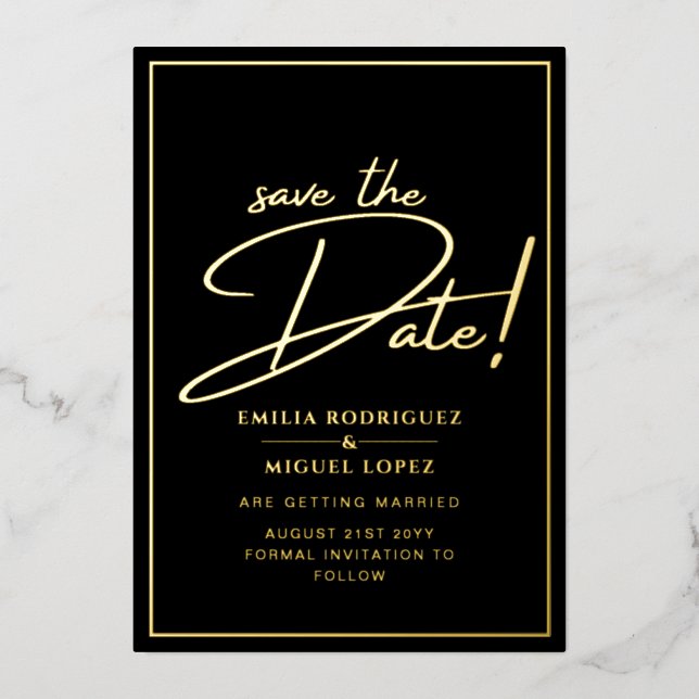 Real GOLD Foil Black Save the Date Wedding Foil Invitation (Front)