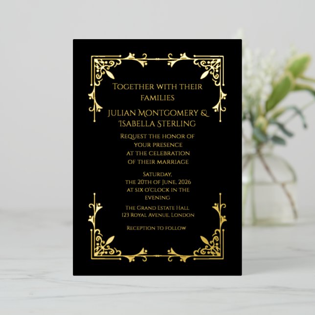 Real Gold Foil Black Tie Royal Regency wedding Invitation (Standing Front)