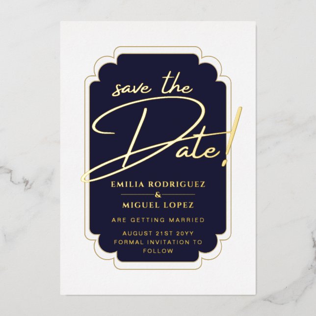 Real GOLD Foil Blue Save the Date Wedding Invitation (Front)