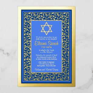 Real Gold Foil Blue Star of David Bat Mitzvah Invitation