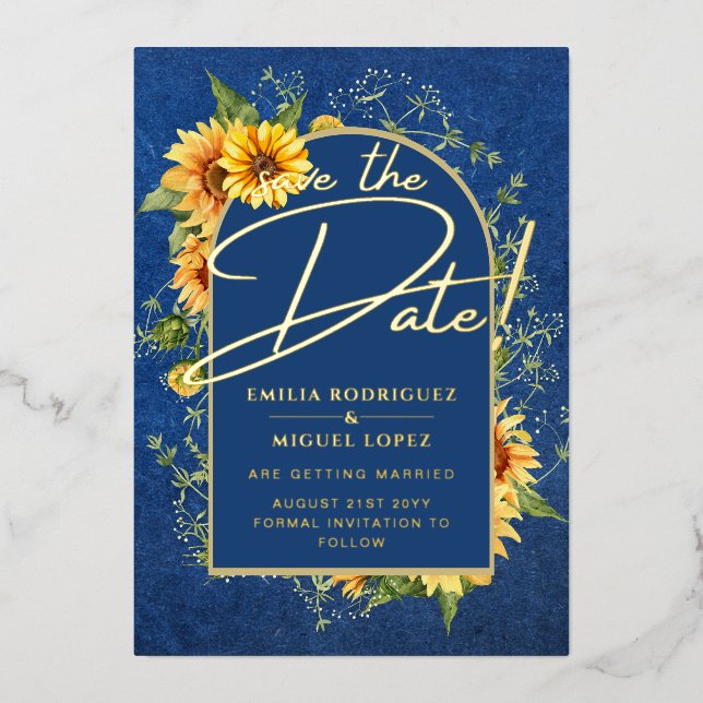 Real GOLD FOIL Blue Sunflowers Save Date Wedding Foil Invitation (Front)