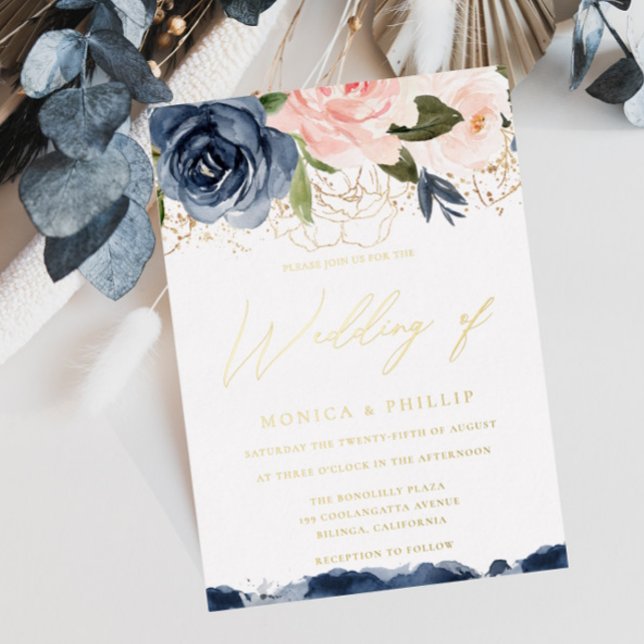 Real Gold Foil Blush & Navy All Seasons Wedding Invitation (Creator Uploaded)