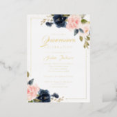 REAL GOLD FOIL Blush Navy Floral Quinceanera  Foil Invitation (Standing Front)