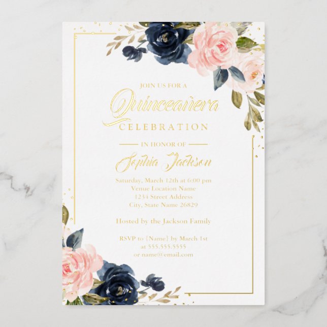 REAL GOLD FOIL Blush Navy Floral Quinceanera  Foil Invitation (Front)