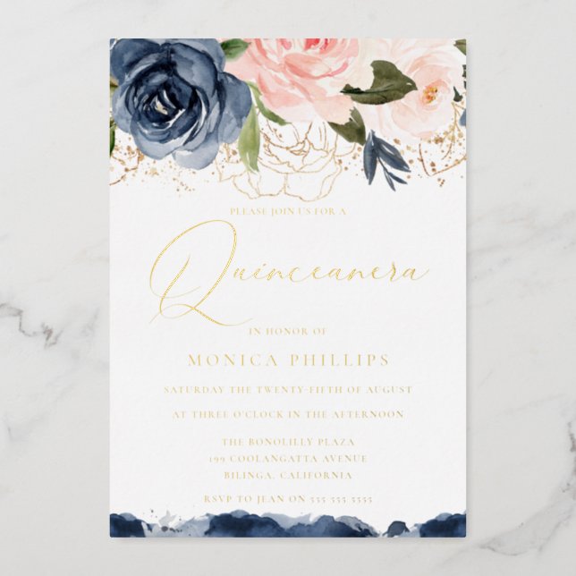 Real Gold Foil Blush & Navy Quinceanera Party Foil Invitation (Front)