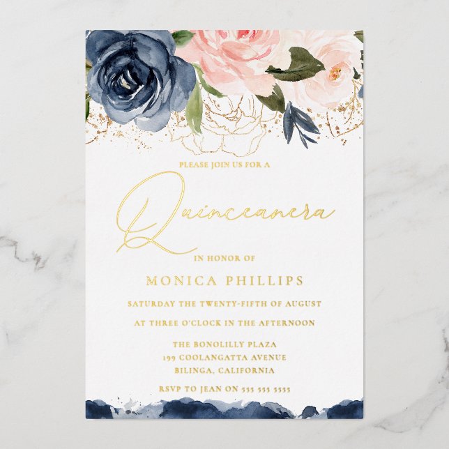 Real Gold Foil Blush & Navy Quinceanera Party Invitation (Front)