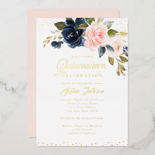 REAL GOLD FOIL Blush Pink Navy Floral Quinceanera Foil Invitation (Front/Back)