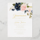 REAL GOLD FOIL Blush Pink Navy Floral Quinceanera Foil Invitation (Front)