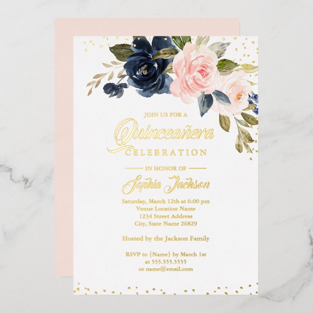 REAL GOLD FOIL Blush Pink Navy Floral Quinceanera Invitation (Front/Back)