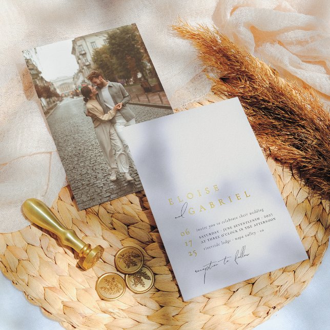 Real Gold Foil Boho Modern Minimal Photo Wedding Invitation (Creator Uploaded)