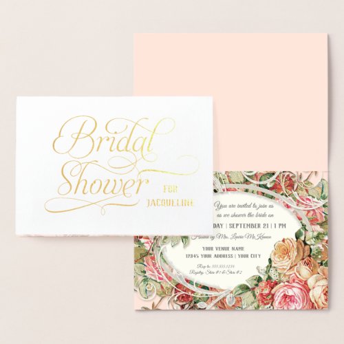 Real Gold Foil Bridal Shower English Tea Roses Foil Card