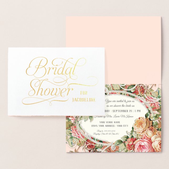 Real Gold Foil Bridal Shower English Tea Roses Foil Card (Display)