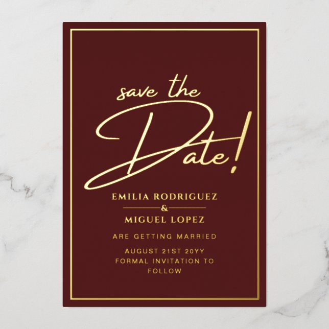Real GOLD Foil Burgundy Save the Date Wedding Invitation (Front)