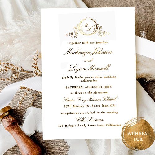 Real Gold Foil Chic Monogram Calligraphy Wedding Foil Invitation